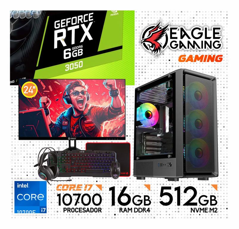 COMPUTADORA PC GAMER INTEL CORE I7 10700F 16GB SSD512GB RTX 3050 6GB MONITOR 24 FHD