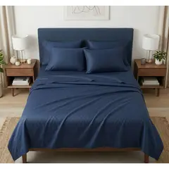 GENERICO - Juego de Sábanas 200 Hilos Algodón Pima Azul Marino - Fabitex