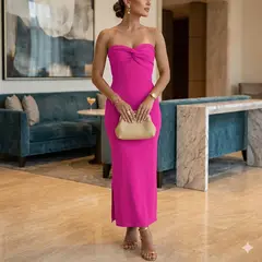 GENERICO - Vestido mujer STRAPLESS moño MAXI hilo G359-23 color fucsia