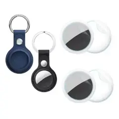 GENERICO - 02 Case Llavero Funda Para Apple Airtag 2 Y 1 Micas Cuero Pu negro y azul