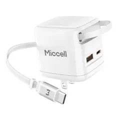 MICCELL - Cargador GaN 35W USB-C USB-A Carga Rápida con Cable Retráctil VQ-T62