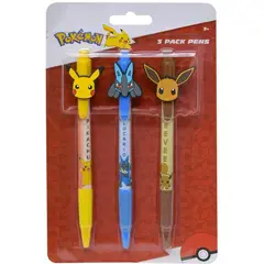 POKEMON - Paquete de 3 bolígrafos con clip de goma Pikachu, Lucario y Eevee