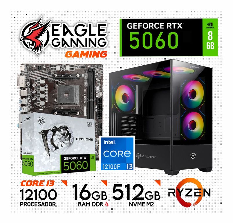 Computadora PC Gamer Core i3 12100F RAM 16GB SSD 512GB RTX 5060 8GB