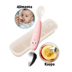 Baby - Cuchara Bebé 2 en 1 para Alimentar y Raspar ROSADO - Incluye Estuche
