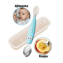 Baby - Cuchara Bebé 2 en 1 para Alimentar y Raspar AZUL - Incluye Estuche