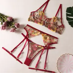GENERICO - Sexy conjunto de lenceria transparente con encaje 3 partes - Rojo