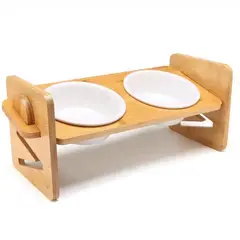 AMICATS - Comedero Elevado Doble de Cerámica y Bambú