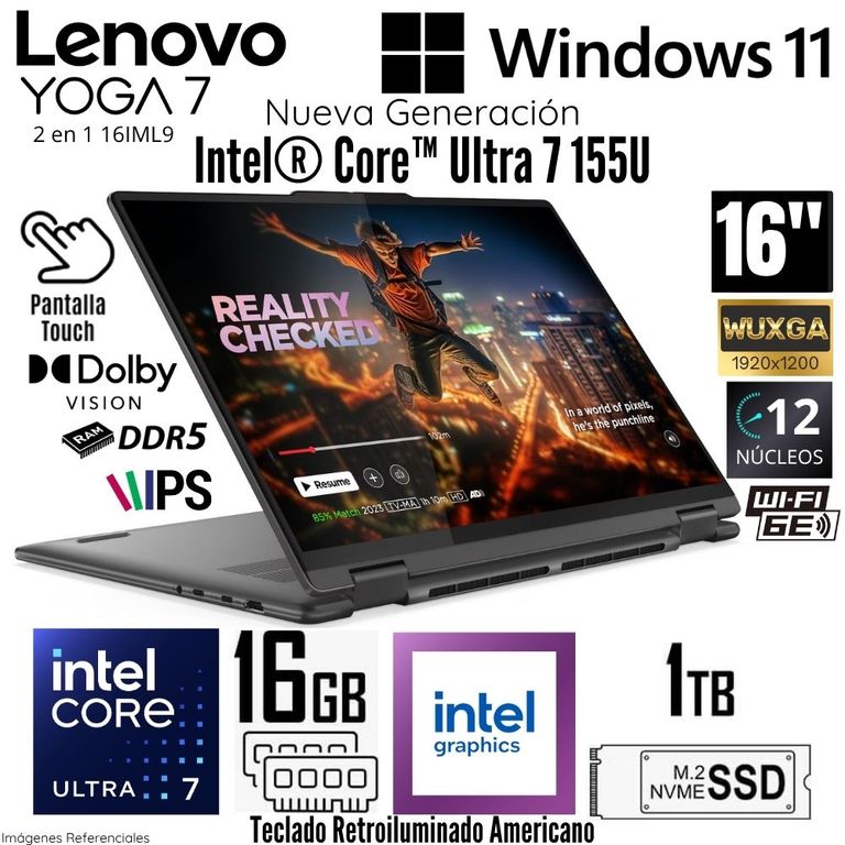 Laptop Yoga 7 2 en 1 16IML9 Intel Core Ultra 7 155U 16 GB DDR5 RAM 1TB SSD 16" WUXGA Táctil