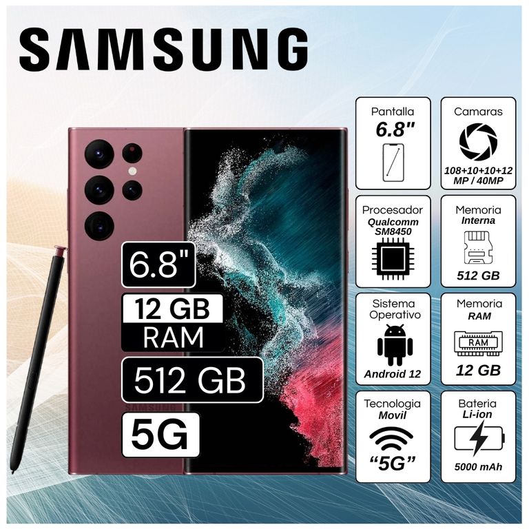 Celular Galaxy S22 Ultra 5G 6.8" Pulg. 12GB RAM 512GB Android 12 - Borgoña