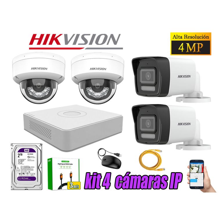 Kit 4 Cámara Seguridad IP POE 4MP Audio Incorporado HDMI 3M Disco 2TB