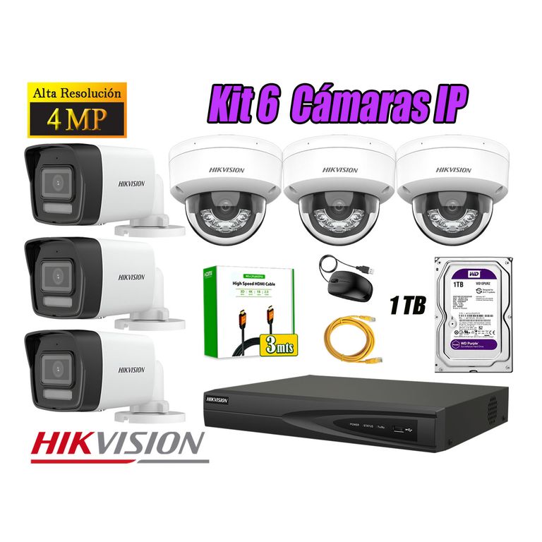 Kit 6 Cámara Seguridad IP POE 4MP Audio Incorporado HDMI 3M Disco 1TB