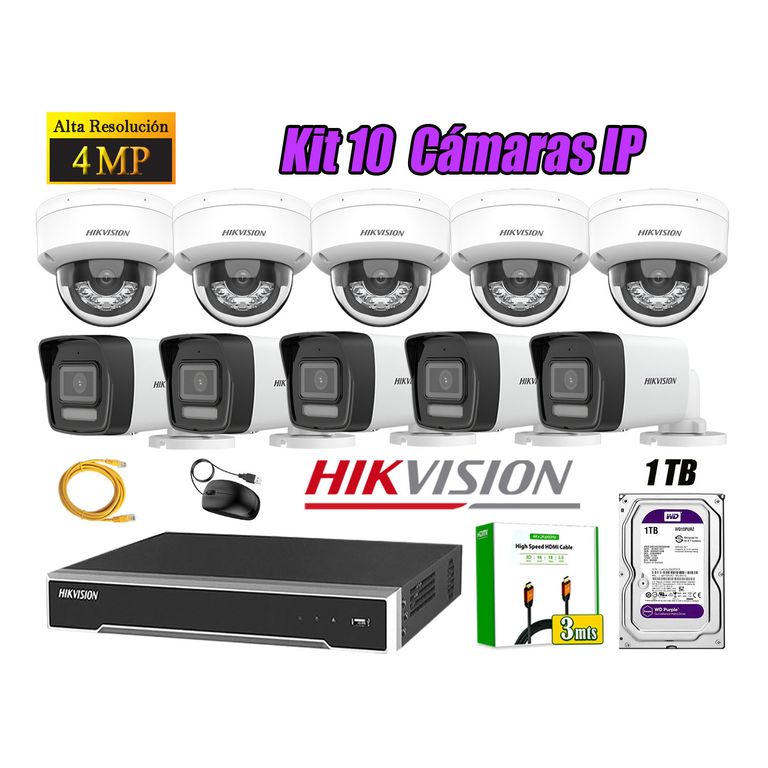 Kit 10 Cámara Seguridad IP POE 4MP Audio Incorporado HDMI 3M Disco 1TB