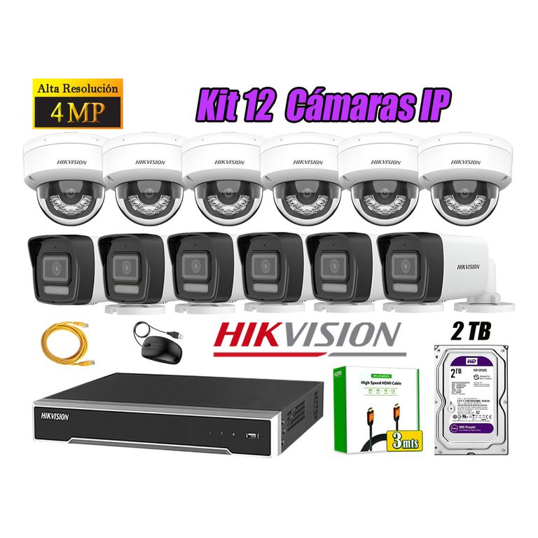 Kit 12 Cámara Seguridad IP POE 4MP Audio Incorporado HDMI 3M Disco 2TB