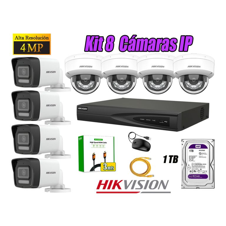 Kit 8 Cámara Seguridad IP POE 4MP Audio Incorporado HDMI 3M Disco 1TB