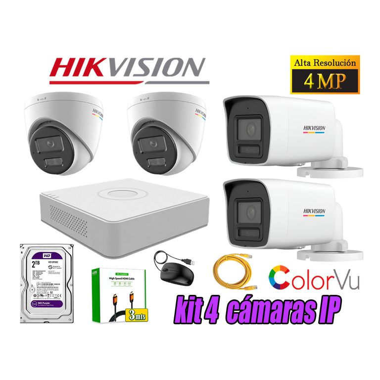Kit 4 Cámara Seguridad IP POE 4MP Color Vu Audio Luz Inteligente 2TB WD