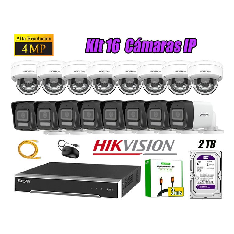 Kit 16 Cámara Seguridad IP POE 4MP Audio Incorporado HDMI 3M Disco 2TB