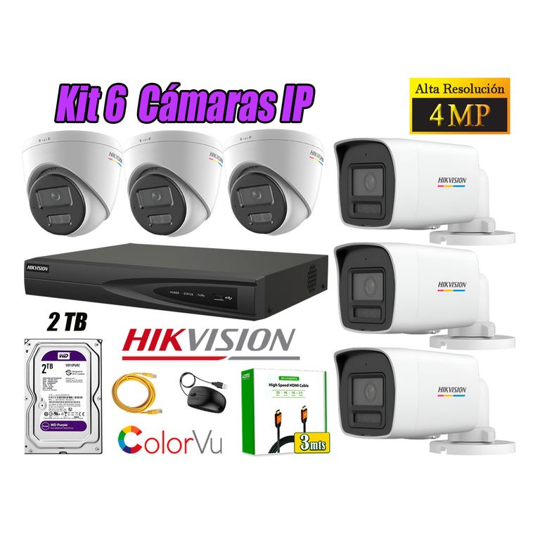 Kit 6 Cámara Seguridad IP POE 4MP Color Vu Audio Luz Inteligente 2TB WD