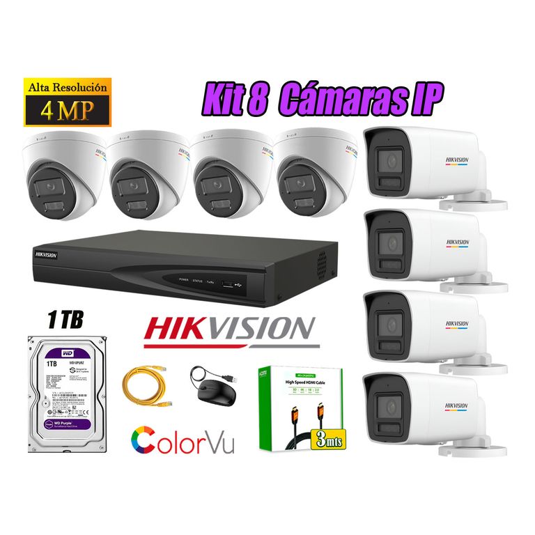 Kit 8 Cámara Seguridad IP POE 4MP Color Vu Audio Luz Inteligente 1TB WD