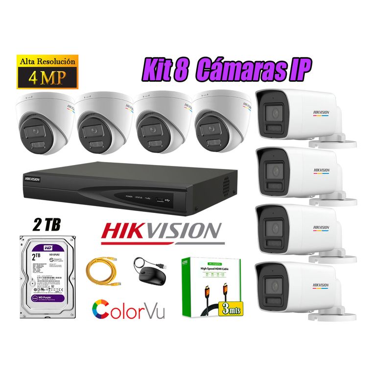 Kit 8 Cámara Seguridad IP POE 4MP Color Vu Audio Luz Inteligente 2TB WD