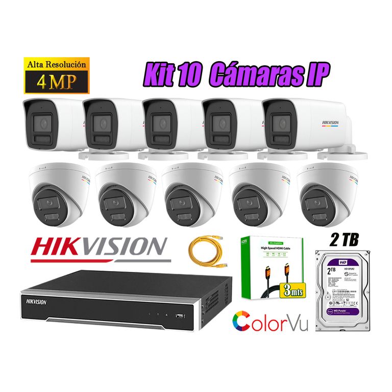 Kit 10 Cámara Seguridad IP POE 4MP Color Vu Audio Luz Inteligente 2TB WD