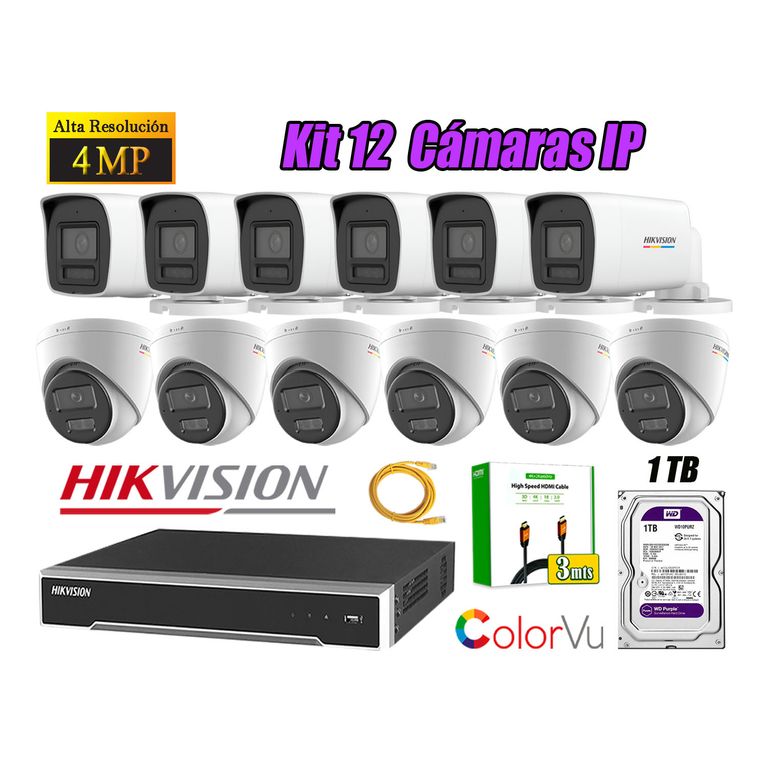 Kit 12 Cámara Seguridad IP POE 4MP Color Vu Audio Luz Inteligente 1TB WD