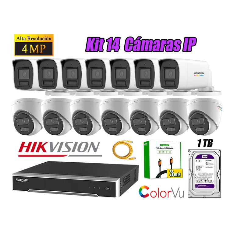 Kit 14 Cámara Seguridad IP POE 4MP Color Vu Audio Luz Inteligente 1TB WD