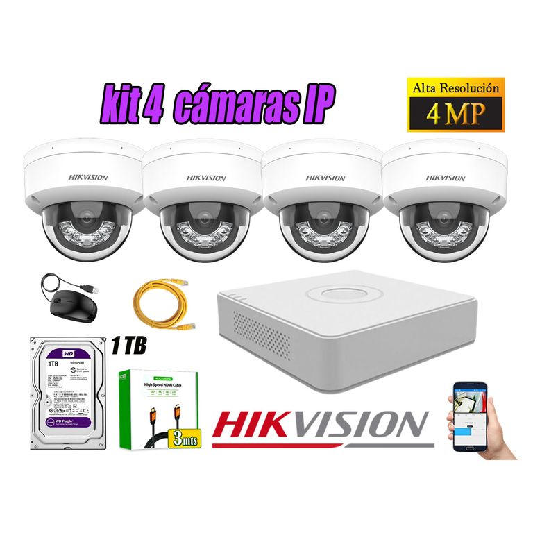 Kit 4 Cámara Seguridad IP POE 4MP Domo Audio Antivandálico Disco 1TB