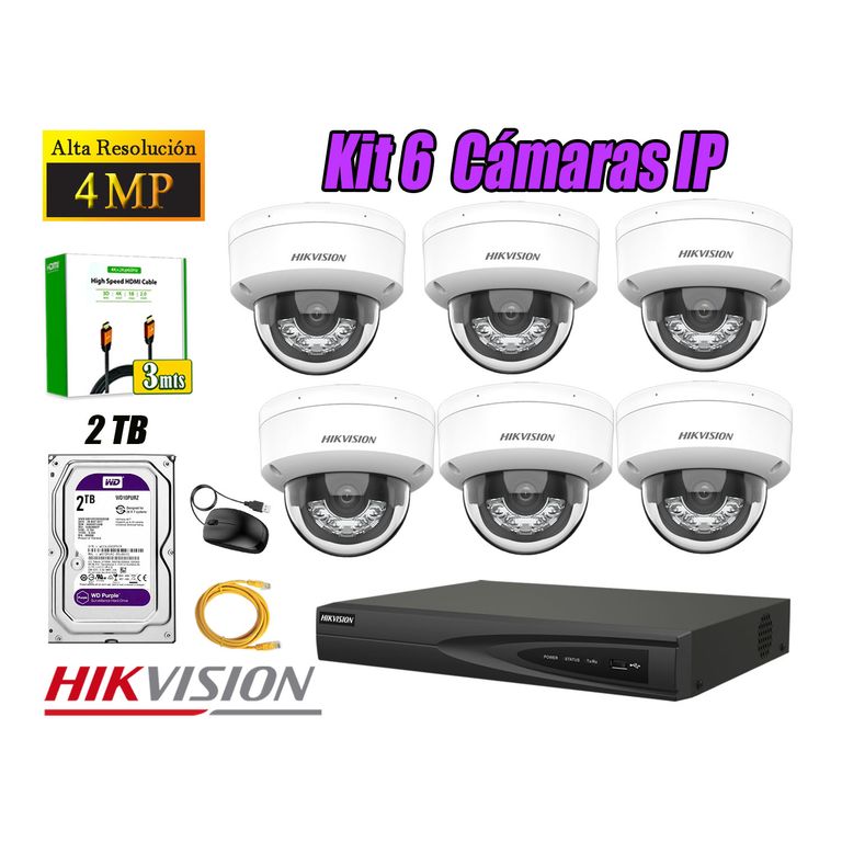 Kit 6 Cámara Seguridad IP POE 4MP Domo Audio Antivandálico Disco 2TB