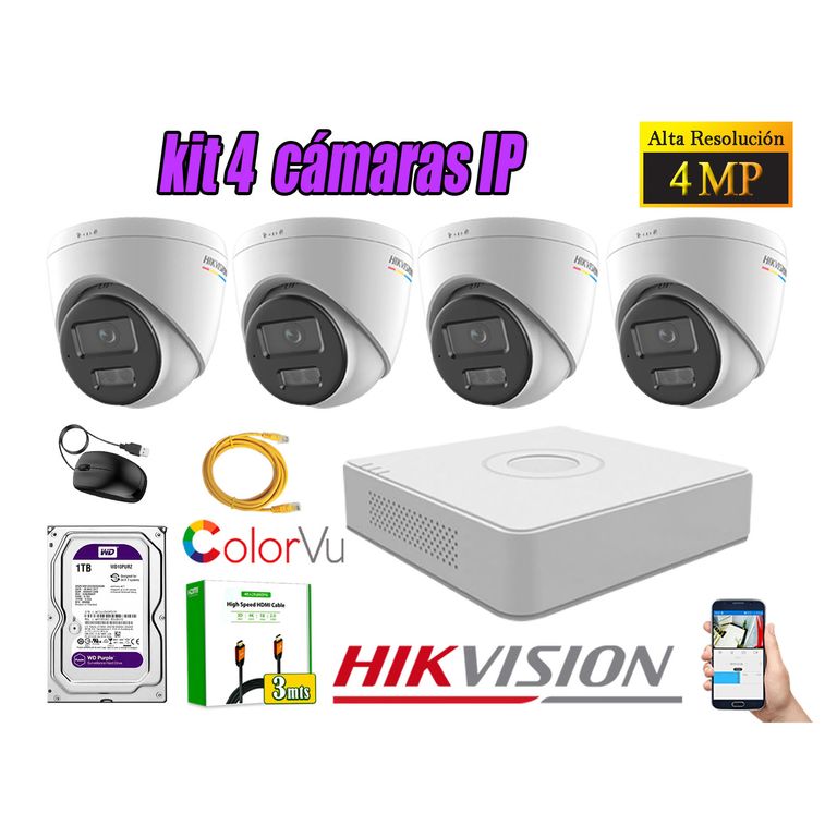 Kit 4 Cámara Seguridad IP POE 4MP Color Vu Domo Visión Color Disco 1TB