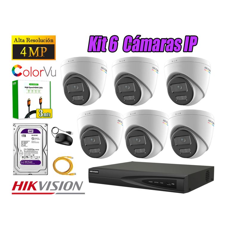 Kit 6 Cámara Seguridad IP POE 4MP Color Vu Domo Visión Color Disco 1TB