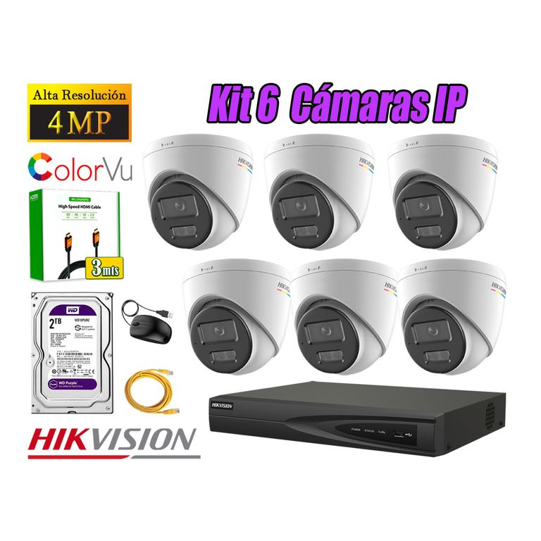 Kit 6 Cámara Seguridad IP POE 4MP Color Vu Domo Visión Color Disco 2TB