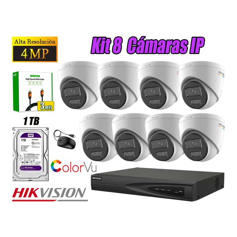 Kit 8 Cámara Seguridad IP POE 4MP Color Vu Domo Visión Color Disco 1TB