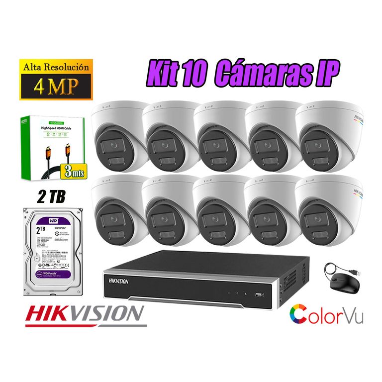 Kit 10 Cámara Seguridad IP POE 4MP Color Vu Domo Visión Color Disco 2TB