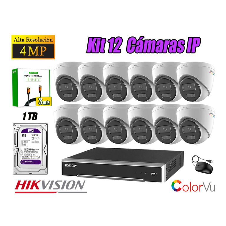 Kit 12 Cámara Seguridad IP POE 4MP Color Vu Domo Visión Color Disco 1TB
