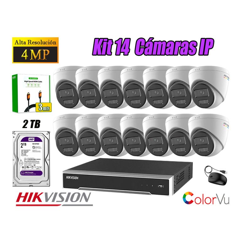 Kit 14 Cámara Seguridad IP POE 4MP Color Vu Domo Visión Color Disco 2TB