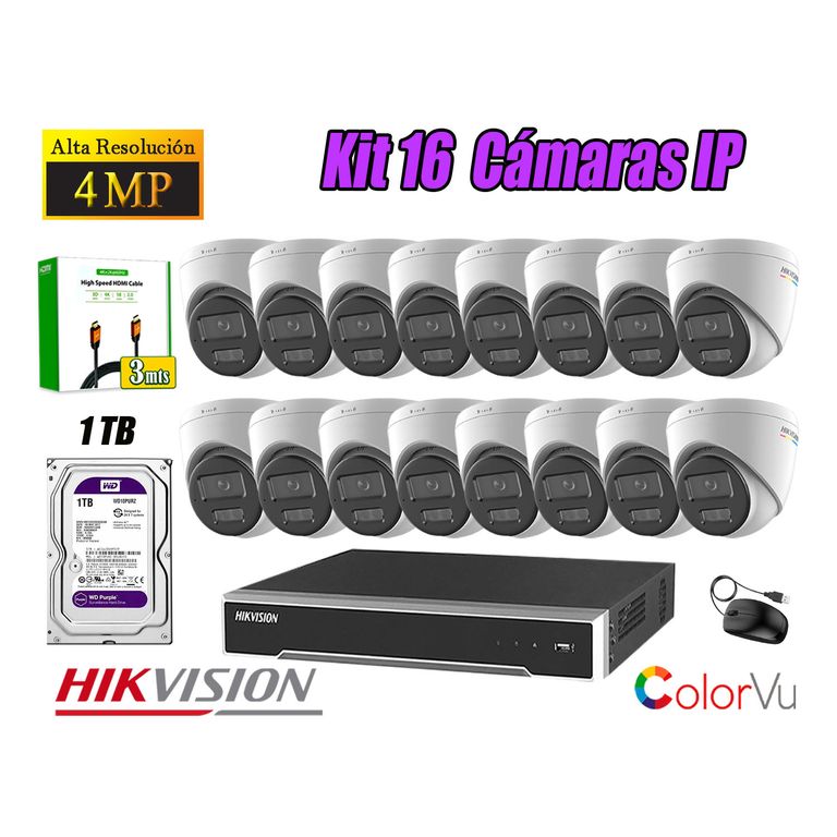 Kit 16 Cámara Seguridad IP POE 4MP Color Vu Domo Visión Color Disco 1TB