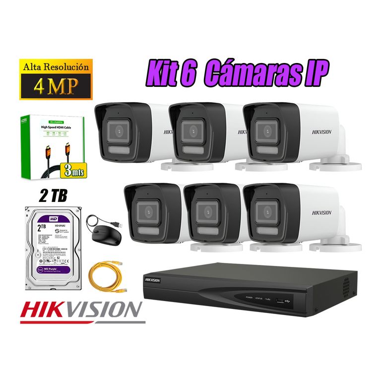 Kit 6 Cámara Seguridad IP POE 4MP Tubo Audio Incorporado Disco 2TB