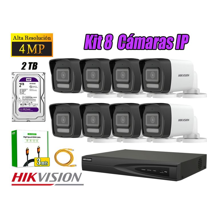 Kit 8 Cámara Seguridad IP POE 4MP Tubo Audio Incorporado Disco 2TB