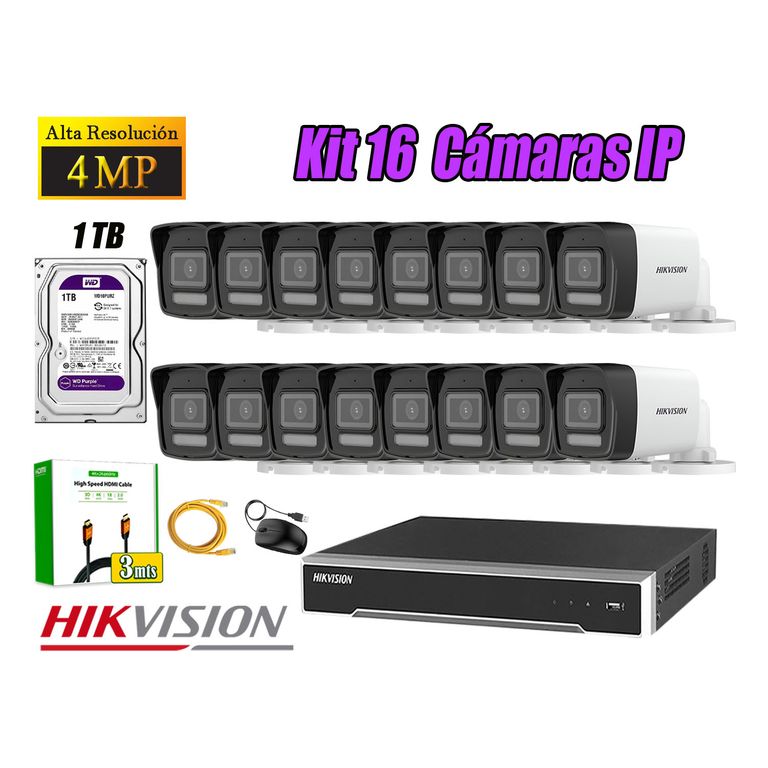 Kit 16 Cámara Seguridad IP POE 4MP Tubo Audio Incorporado Disco 1TB