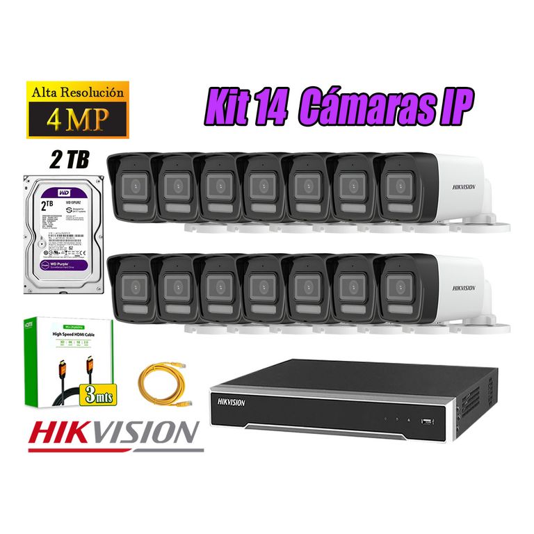 Kit 14 Cámara Seguridad IP POE 4MP Tubo Audio Incorporado Disco 2TB