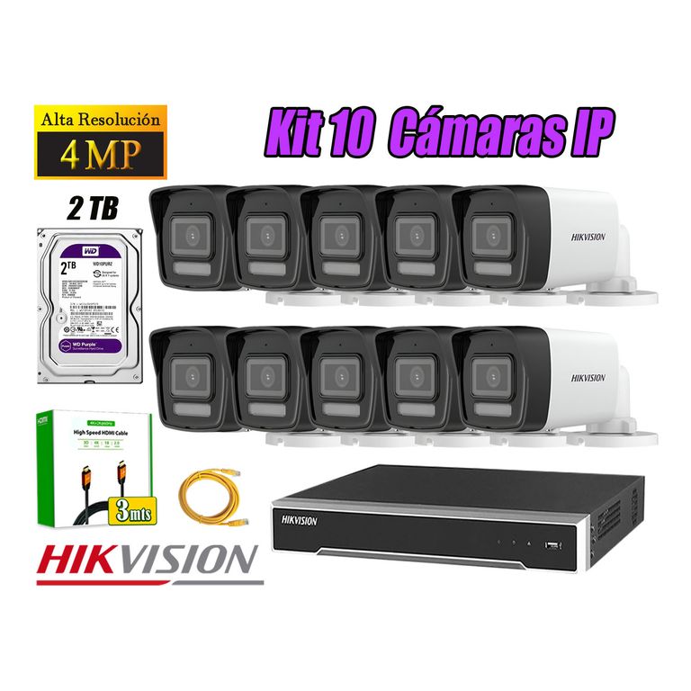 Kit 10 Cámara Seguridad IP POE 4MP Tubo Audio Incorporado Disco 2TB