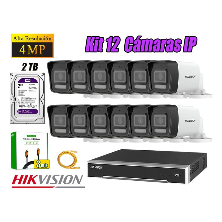 Kit 12 Cámara Seguridad IP POE 4MP Tubo Audio Incorporado Disco 2TB