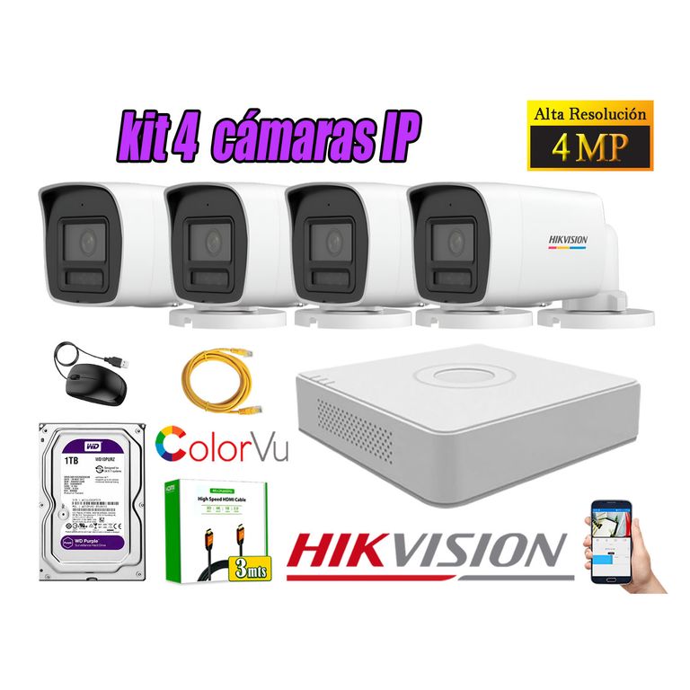 Kit 4 Cámara Seguridad IP POE 4MP Color Vu Tubo Visión Color Disco 1TB