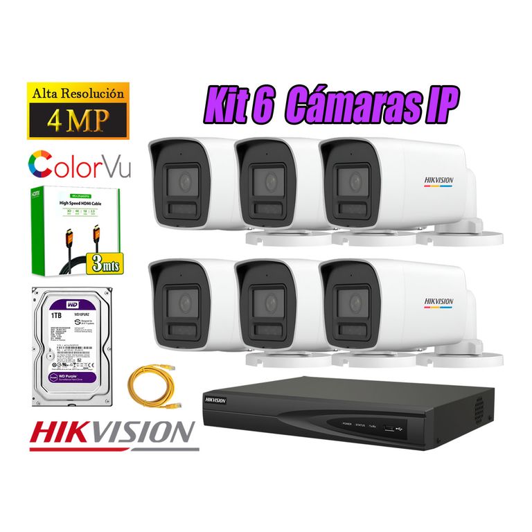 Kit 6 Cámara Seguridad IP POE 4MP Color Vu Tubo Visión Color Disco 1TB