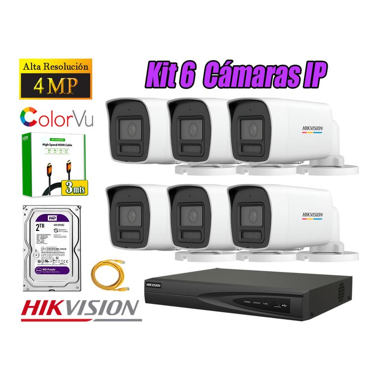 Kit 6 Cámara Seguridad IP POE 4MP Color Vu Tubo Visión Color Disco 2TB