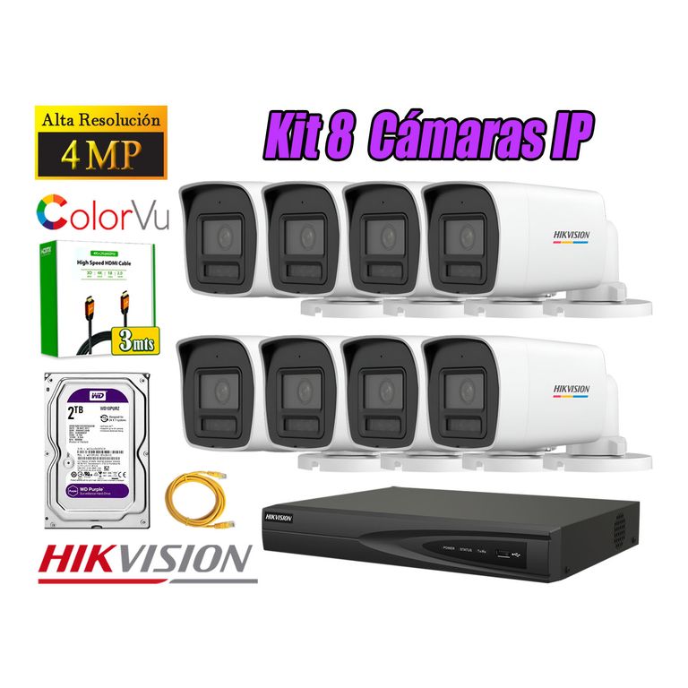 Kit 8 Cámara Seguridad IP POE 4MP Color Vu Tubo Visión Color Disco 2TB