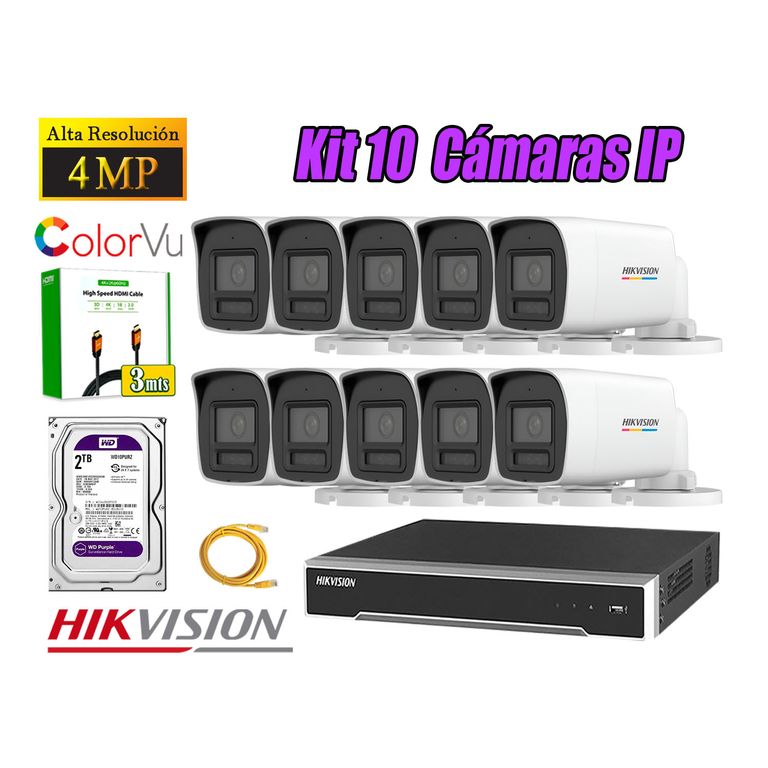 Kit 10 Cámara Seguridad IP POE 4MP Color Vu Tubo Visión Color Disco 2TB
