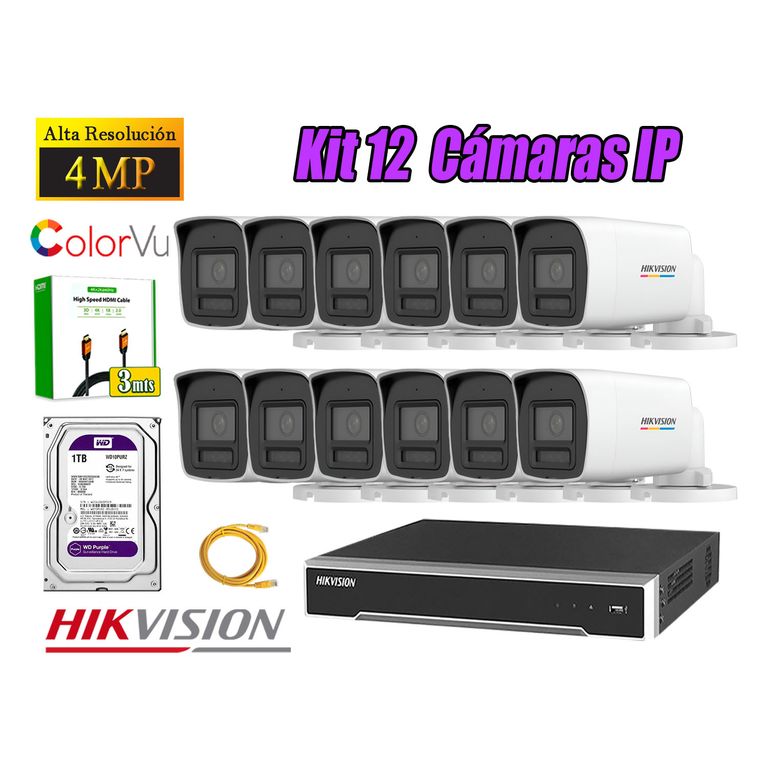 Kit 12 Cámara Seguridad IP POE 4MP Color Vu Tubo Visión Color Disco 1TB