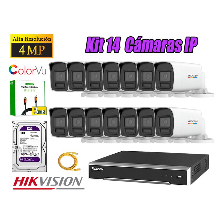Kit 14 Cámara Seguridad IP POE 4MP Color Vu Tubo Visión Color Disco 1TB