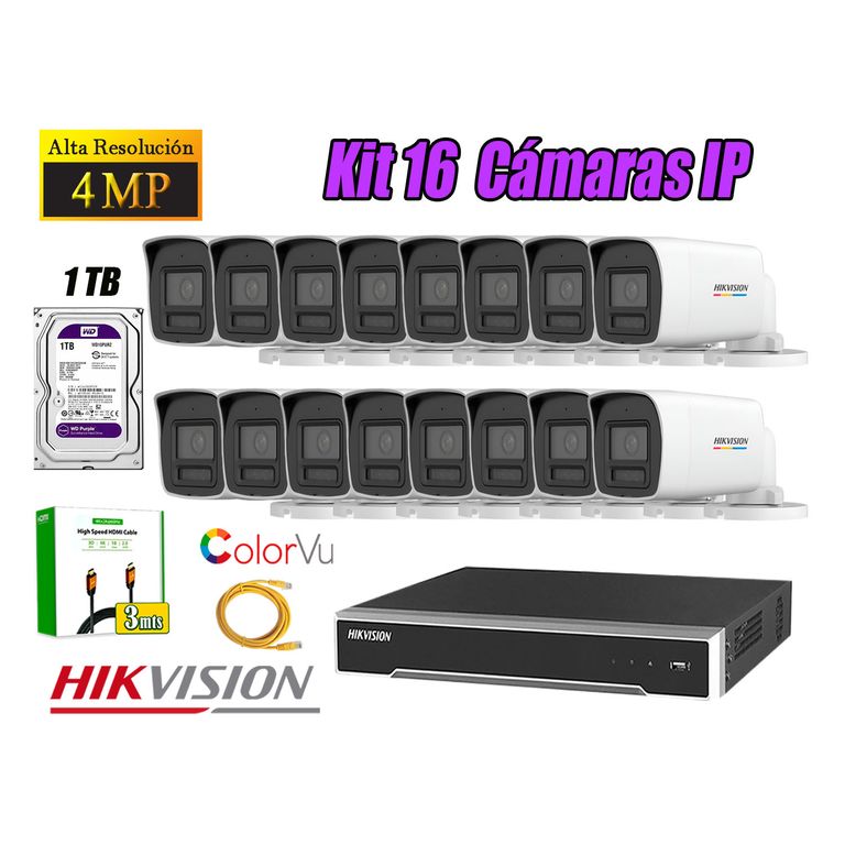 Kit 16 Cámara Seguridad IP POE 4MP Color Vu Tubo Visión Color Disco 1TB